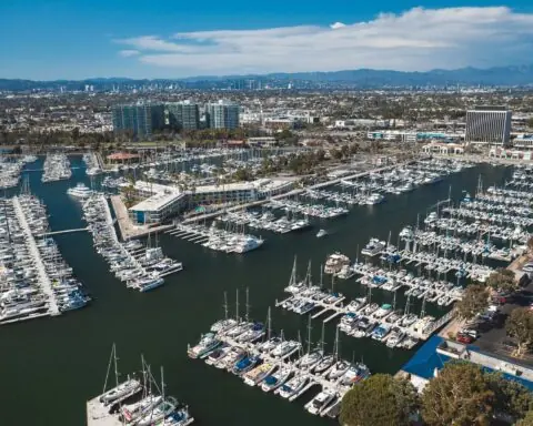 An aerial view of the Port of Los Angeles with yachts and other exotic boats docked.