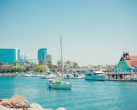 A boat along the water at the Port of Long Beach in California.