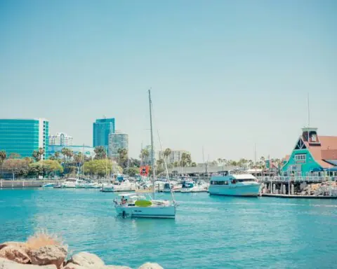 A boat along the water at the Port of Long Beach in California.