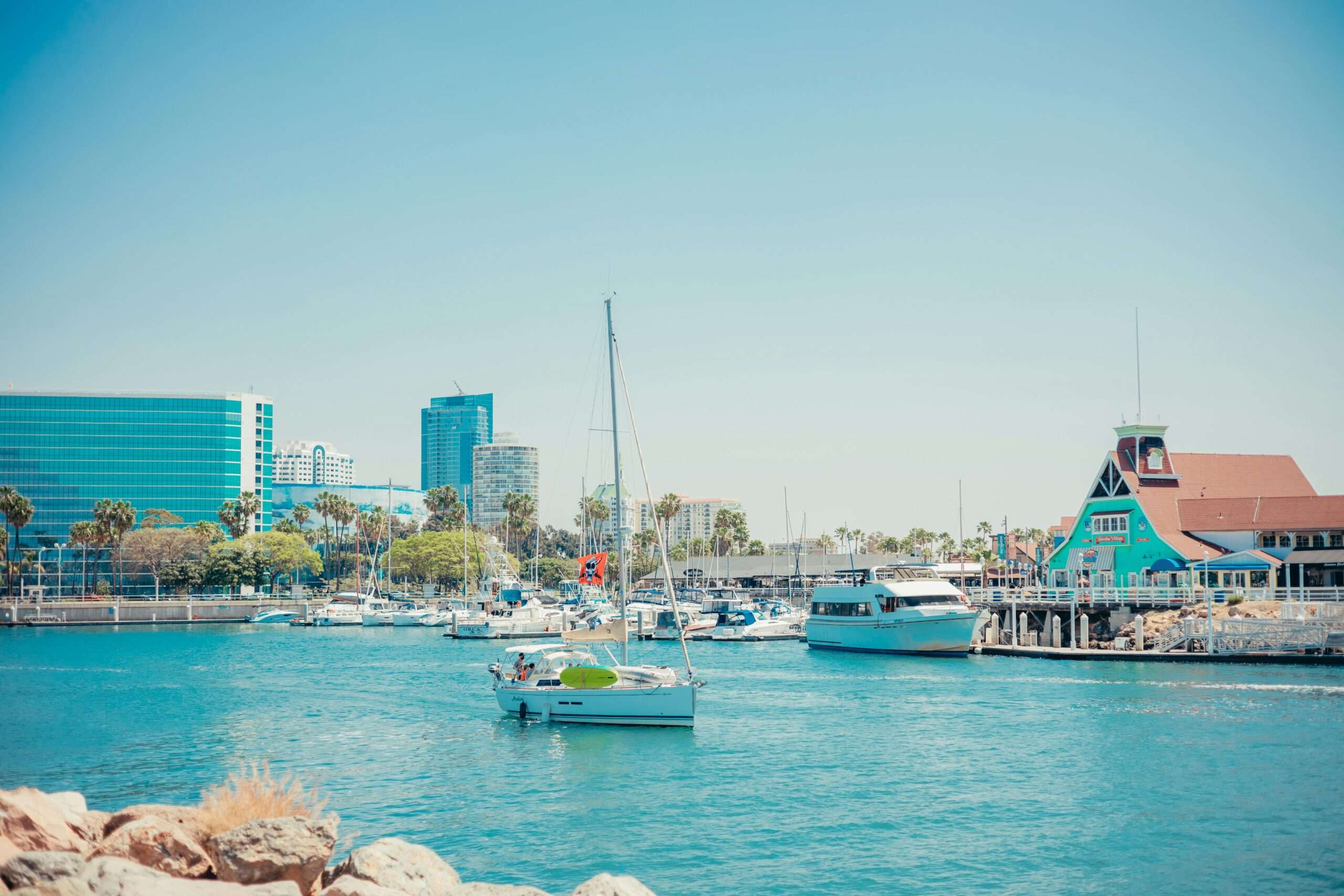 A boat along the water at the Port of Long Beach in California.