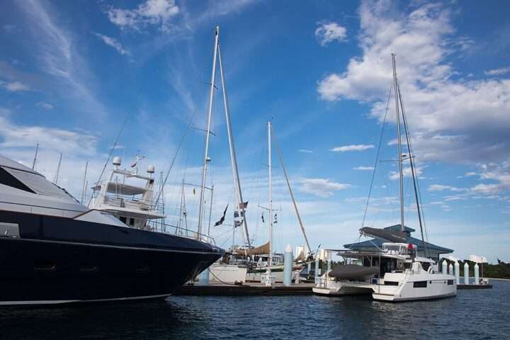 Boats and yachts lined up along the Riviera Beach Marina in Florida.