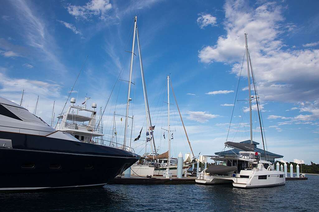 Boats and yachts lined up along the Riviera Beach Marina in Florida.