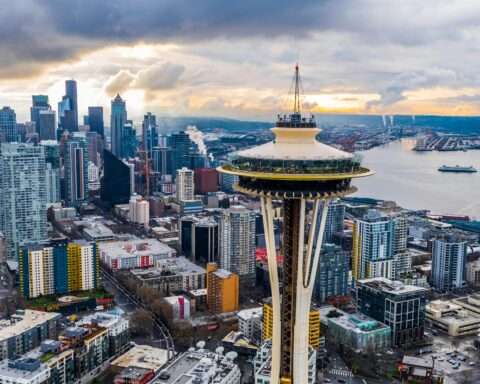 Seattle's Skyline from a helicopter.