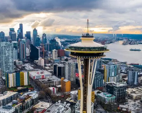 Seattle's Skyline from a helicopter.