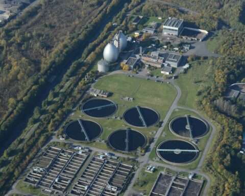 An aerial view of a water treatment and purification facility.