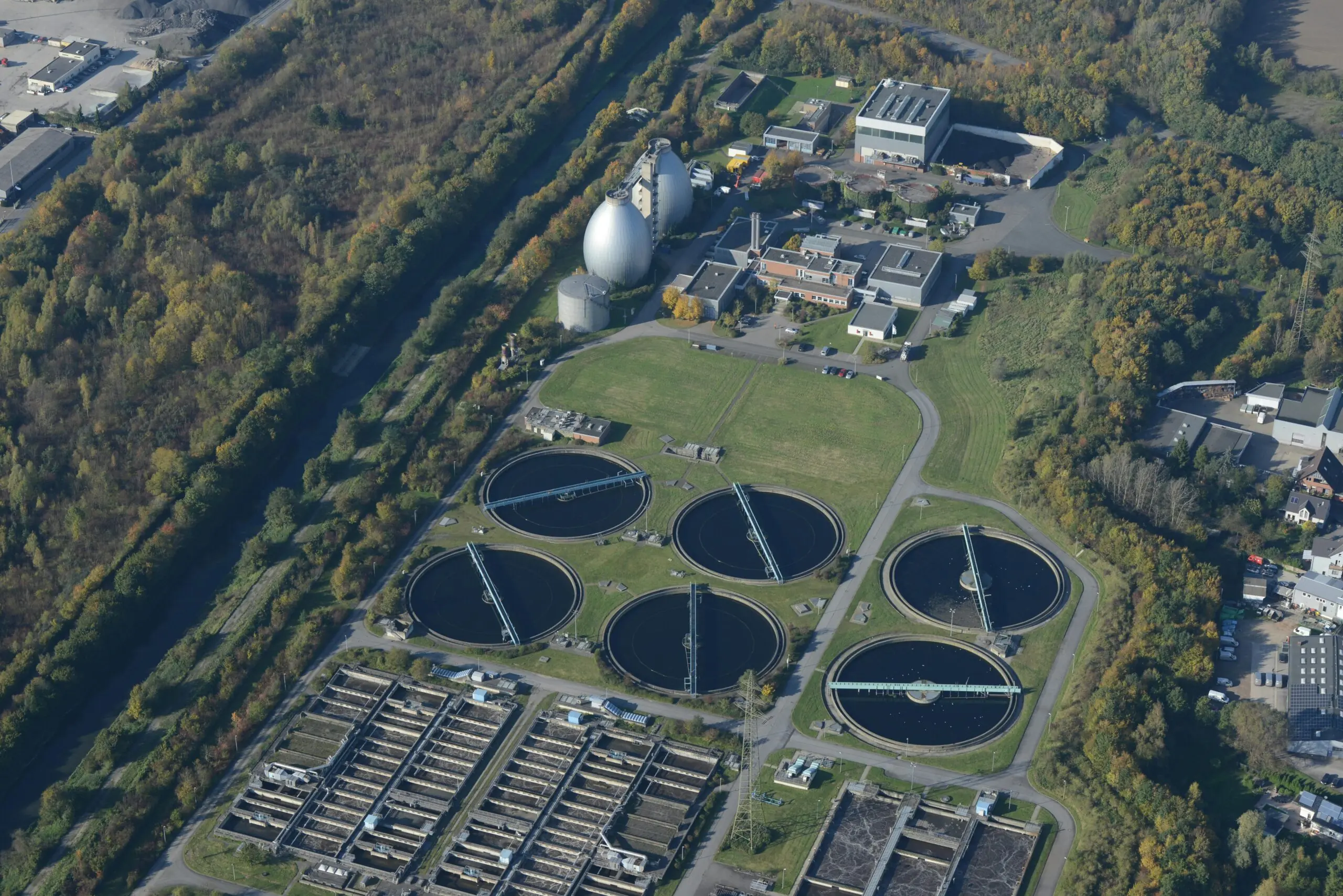 An aerial view of a water treatment and purification facility.