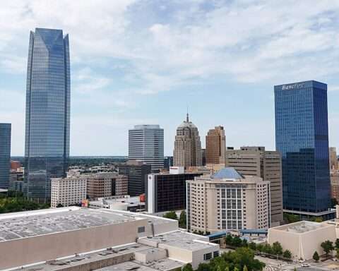 Oklahoma City's skyline from a drone during the day.