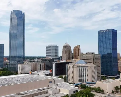 Oklahoma City's skyline from a drone during the day.