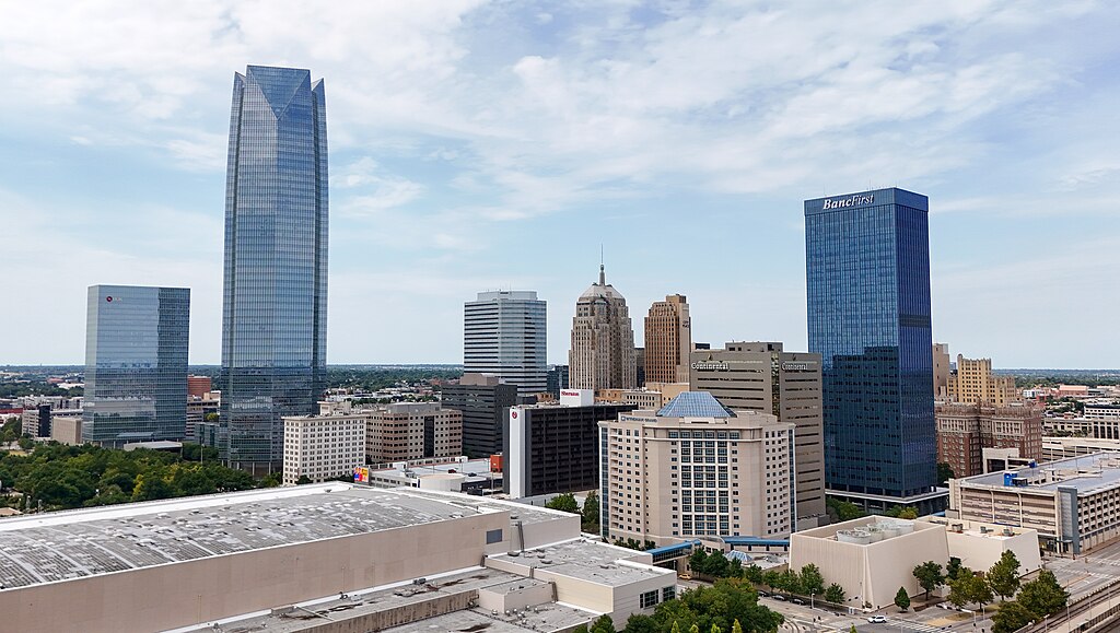 Oklahoma City's skyline from a drone during the day.