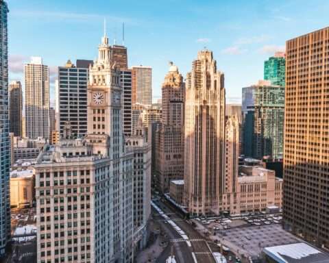 The Chicago skyline from inside the city.
