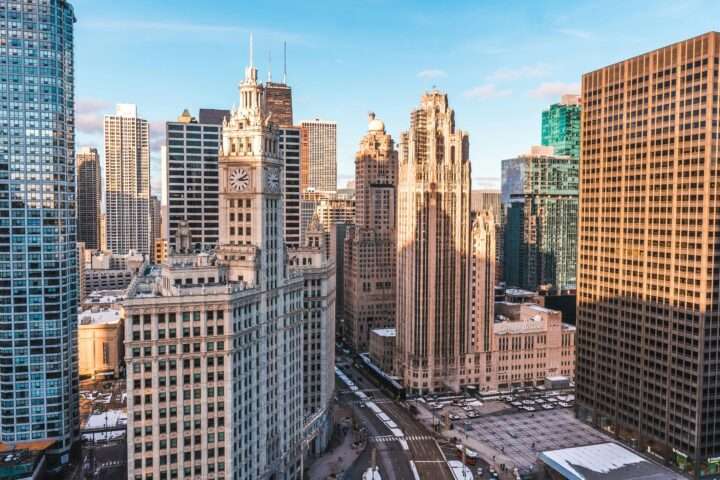 The Chicago skyline from inside the city.