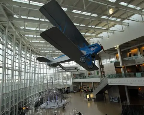 A display airplane hanging in the Seattle-Tacoma International Airport in Washington.