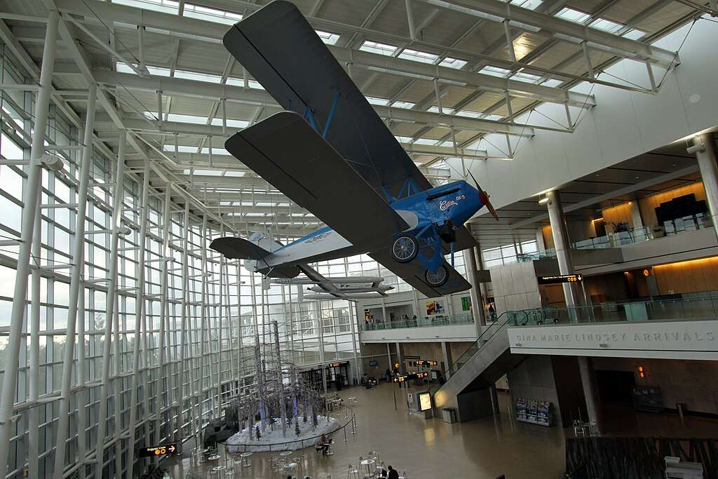 A display airplane hanging in the Seattle-Tacoma International Airport in Washington.