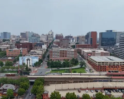 The Wilmington skyline in Delaware on an overcast day.