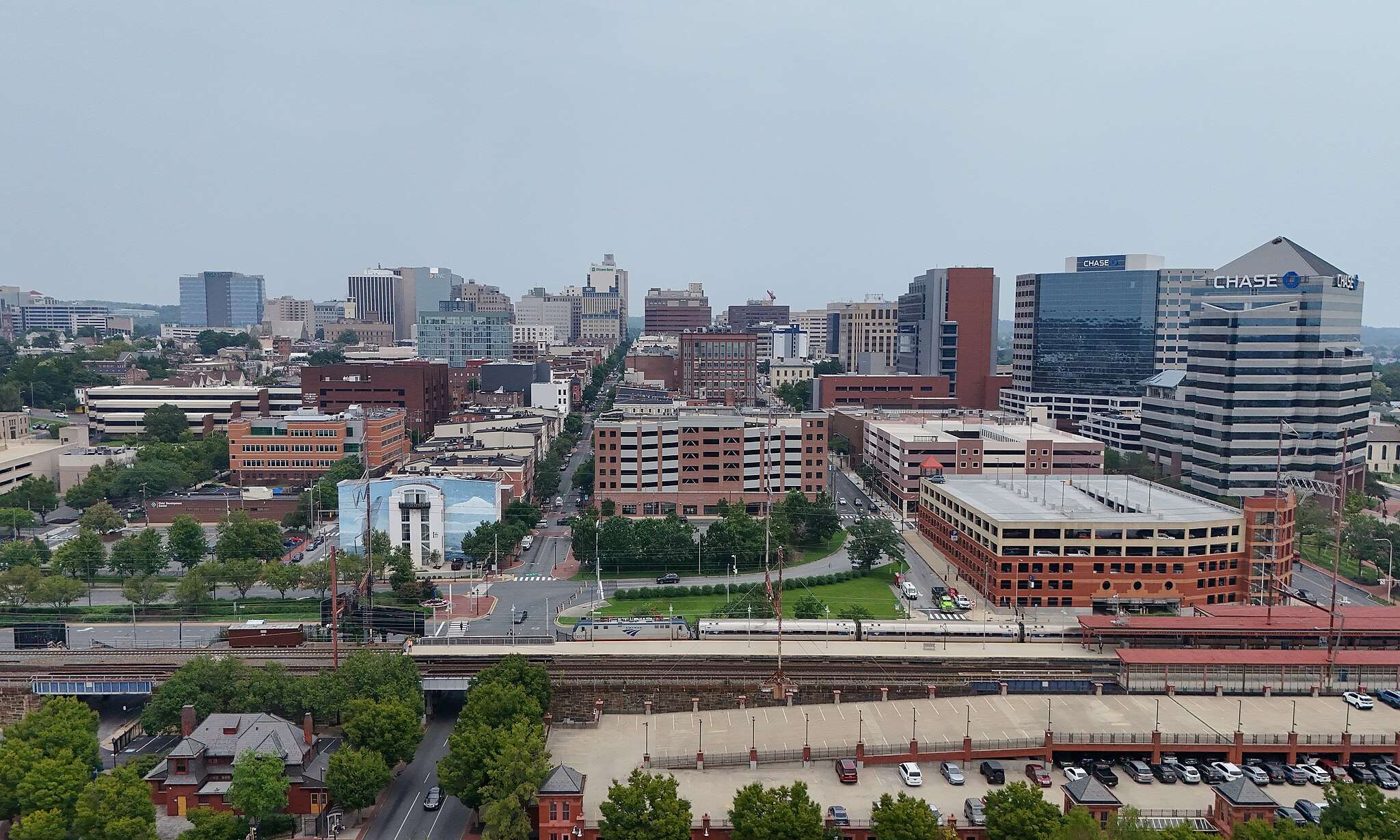The Wilmington skyline in Delaware on an overcast day.