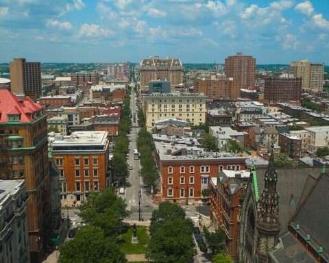 An above view of Baltimore city buildings in Maryland.