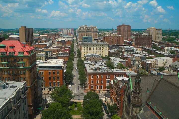 An above view of Baltimore city buildings in Maryland.