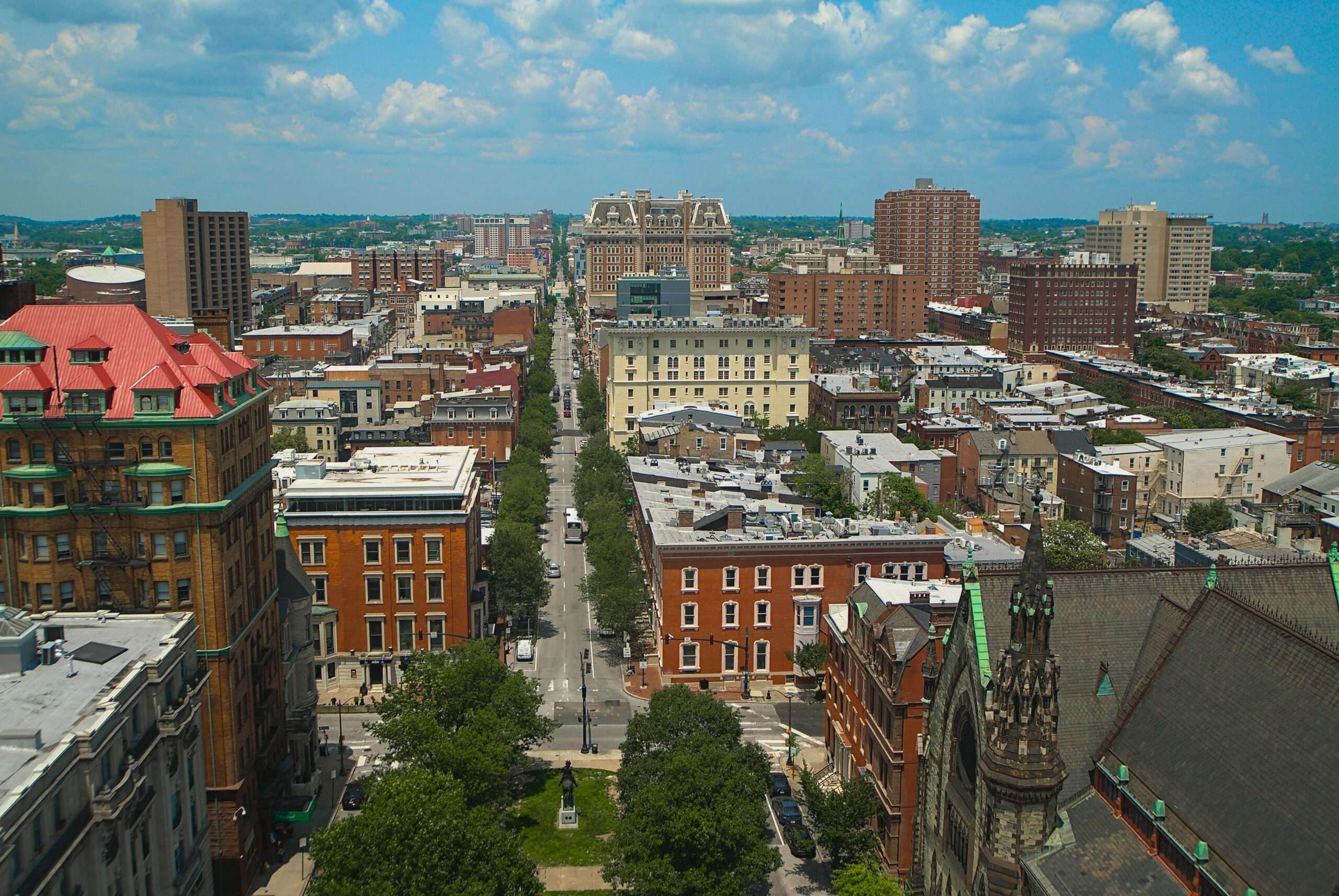 An above view of Baltimore city buildings in Maryland.