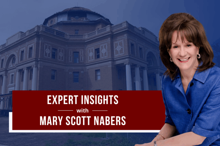 Mary Scott Nabers before a city hall building for her weekly column.