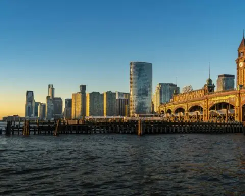The Hoboken skyline across the river in New Jersey.