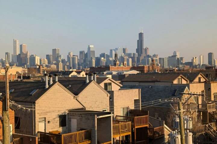 A view of the roofs of housing and businesses throughout Chicago in Illinois.
