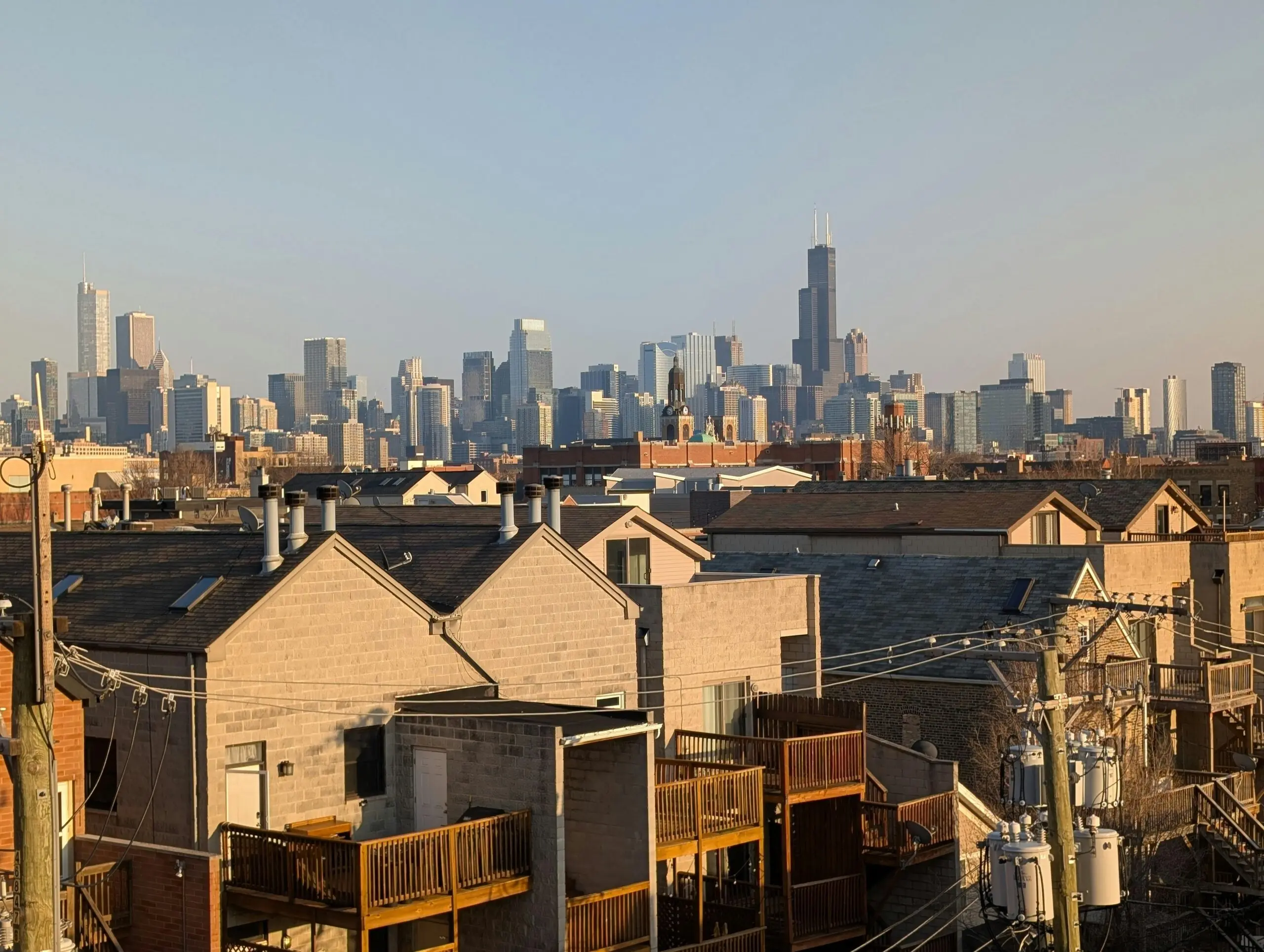 A view of the roofs of housing and businesses throughout Chicago in Illinois.