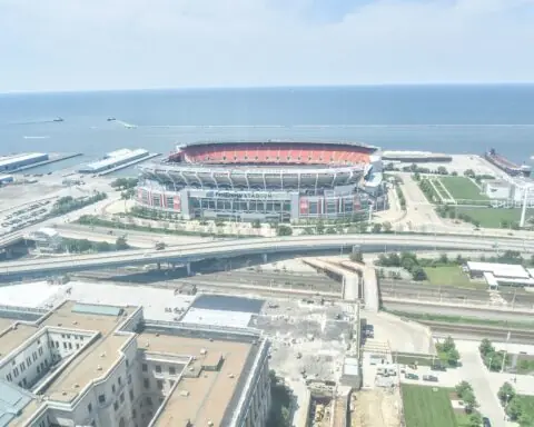 An aerial view of Huntington Bank Field in Cleveland, Ohio.