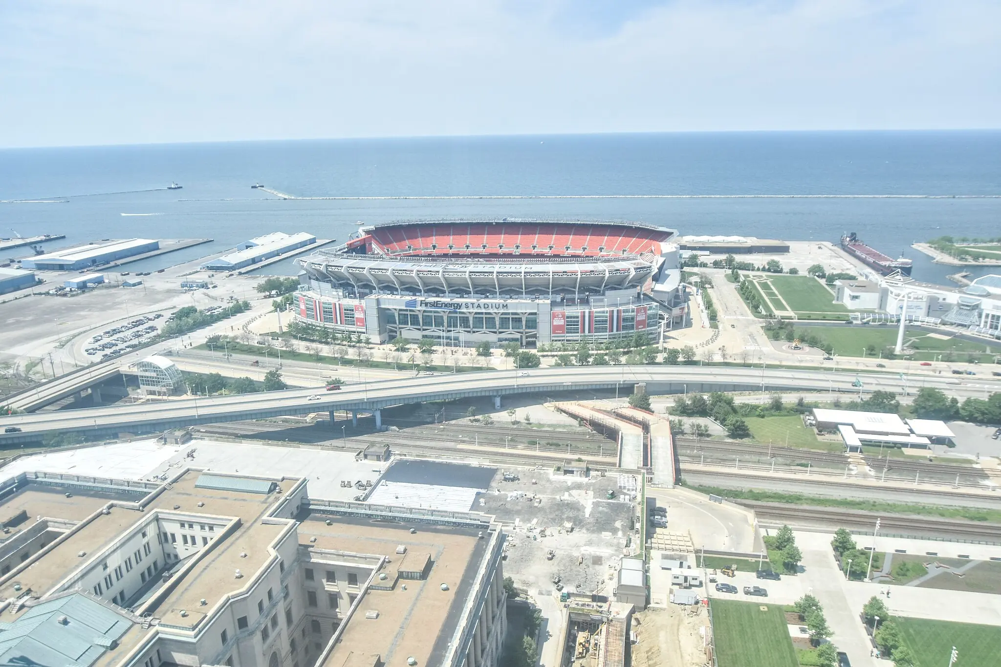 An aerial view of Huntington Bank Field in Cleveland, Ohio.
