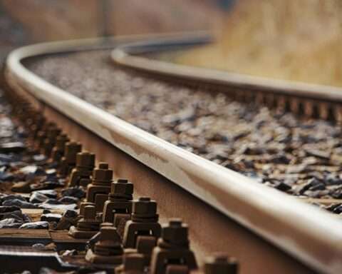 A close up view of railroad tracks.