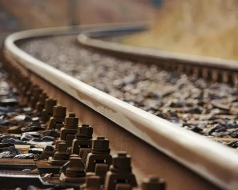 A close up view of railroad tracks.