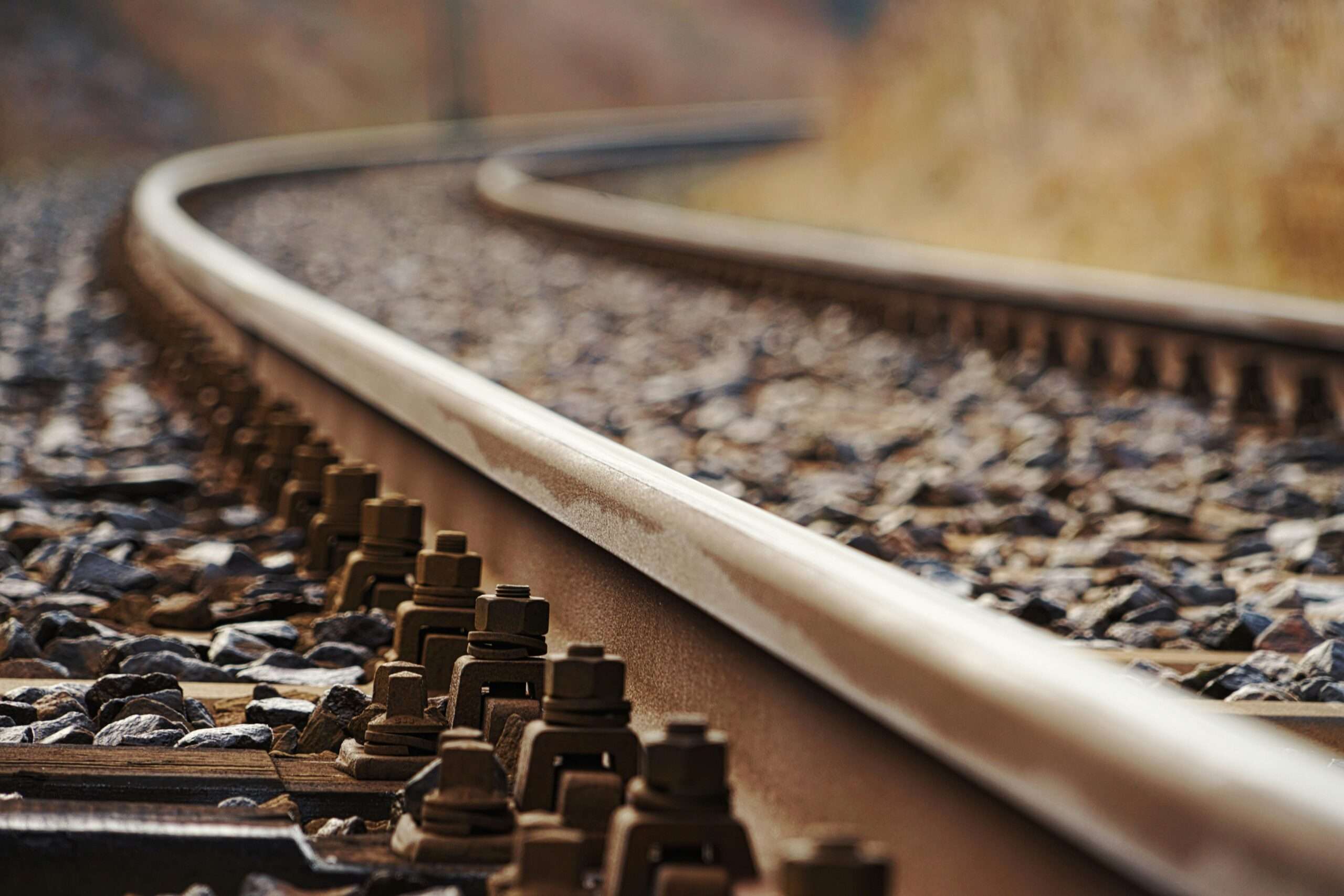 A close up view of railroad tracks.