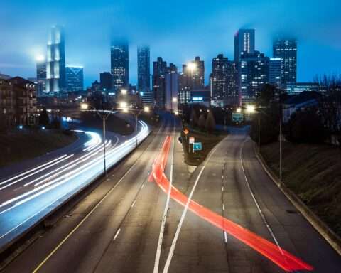 A highway leading to a Georgia city from above.