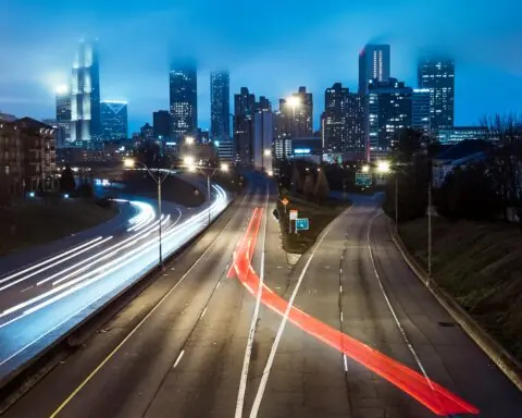A highway leading to a Georgia city from above.