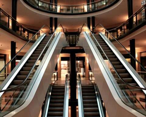 Sets of escalators in a mall complex.