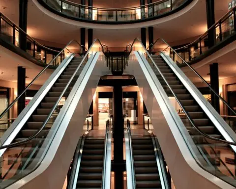 Sets of escalators in a mall complex.