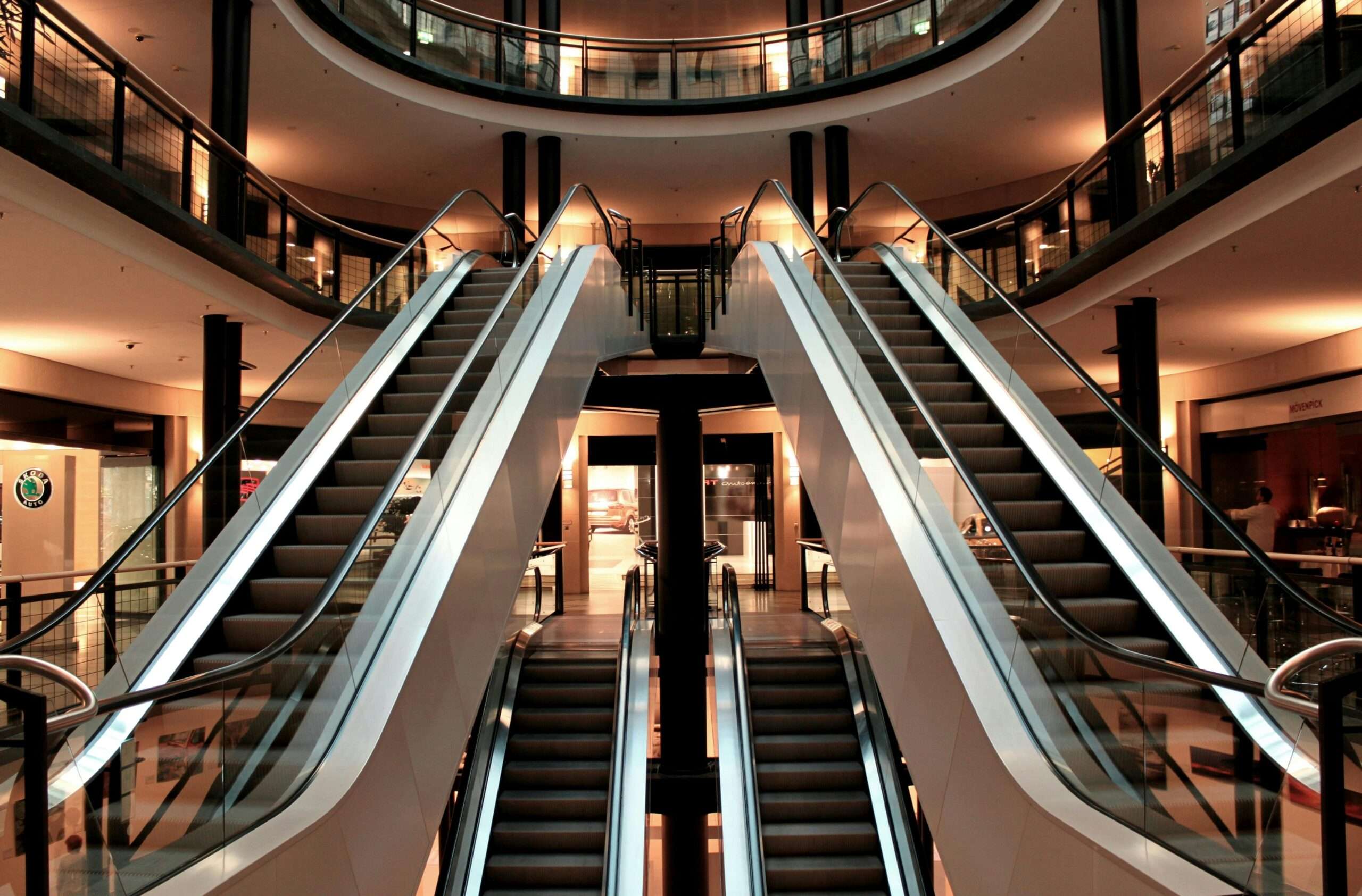 Sets of escalators in a mall complex.