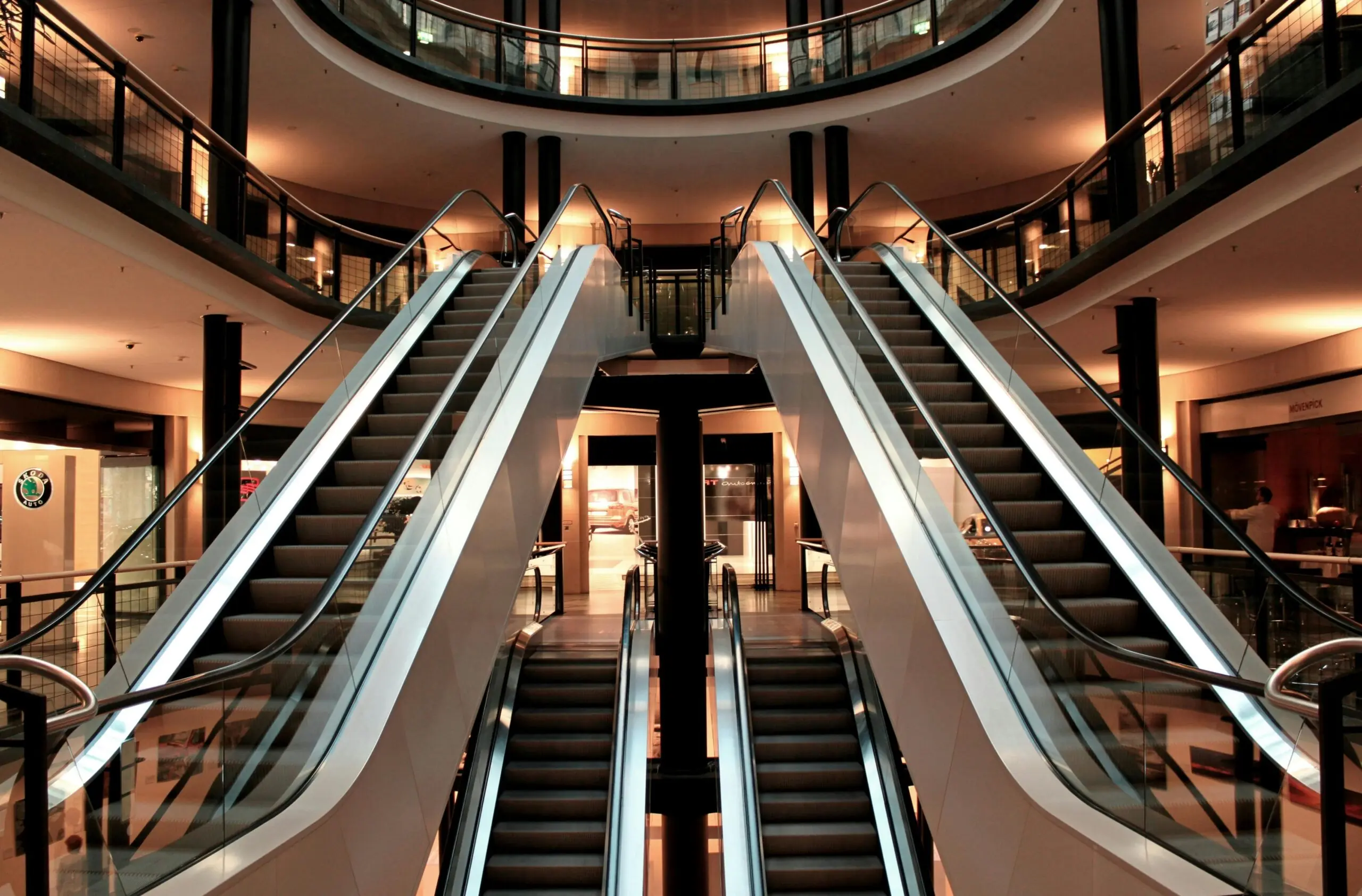 Sets of escalators in a mall complex.