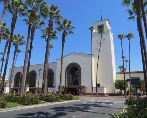 The front of the Union Station building in Los Angeles.