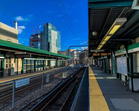 An MBTA rail station in Boston from the platform.