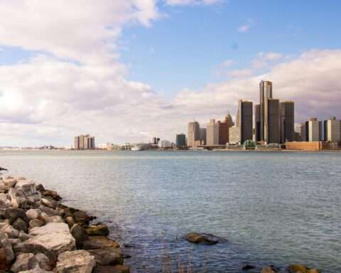 The Detroit city skyline across the river in Michigan.