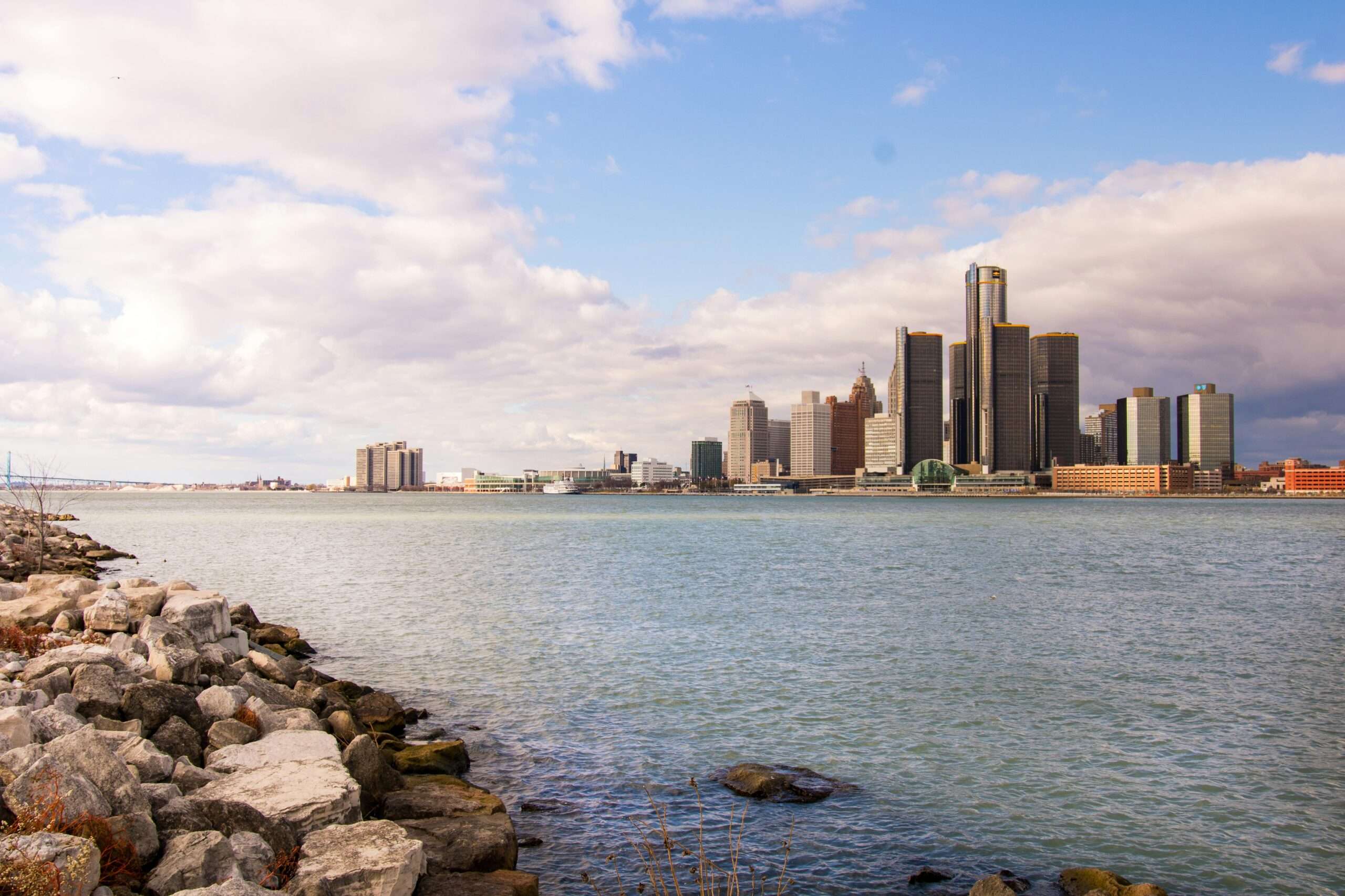 The Detroit city skyline across the river in Michigan.