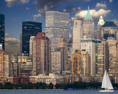 The New York City skyline from across the Hudson River.