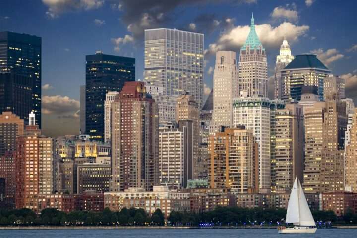 The New York City skyline from across the Hudson River.