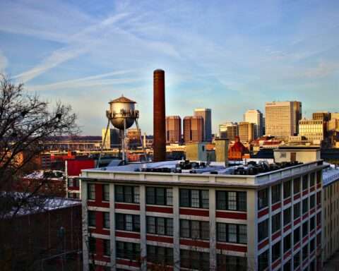Buildings from building-level in Richmond, Virginia, during the day.