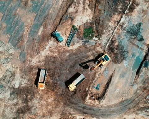 An aerial view of a construction being prepared for future development.