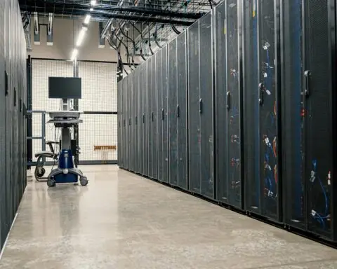 A hallway in between data center stacks in a clean building.