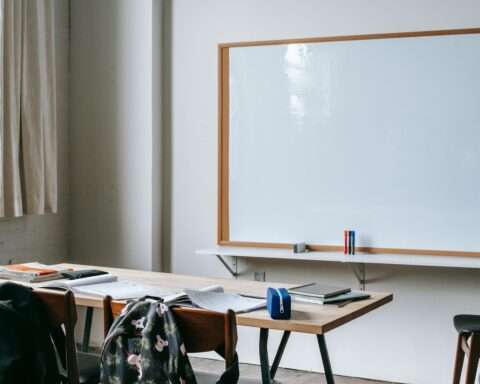 A whiteboard behind a desk in a classroom.