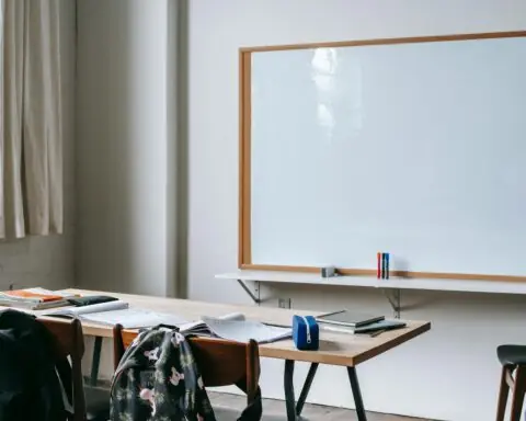 A whiteboard behind a desk in a classroom.