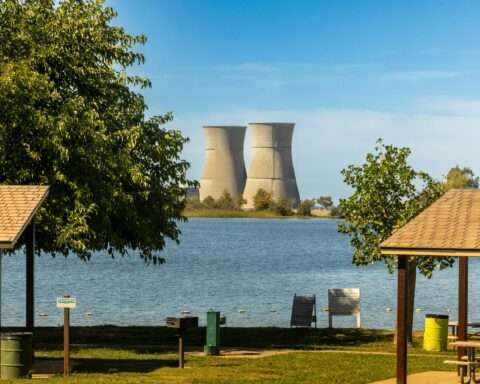 Nuclear cooling towers through trees and canopies at a park.