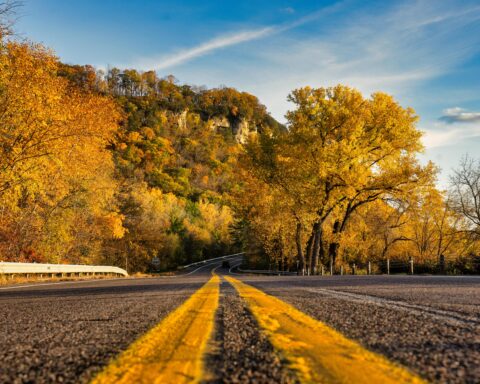 A highway road in Wisconsin in fall.